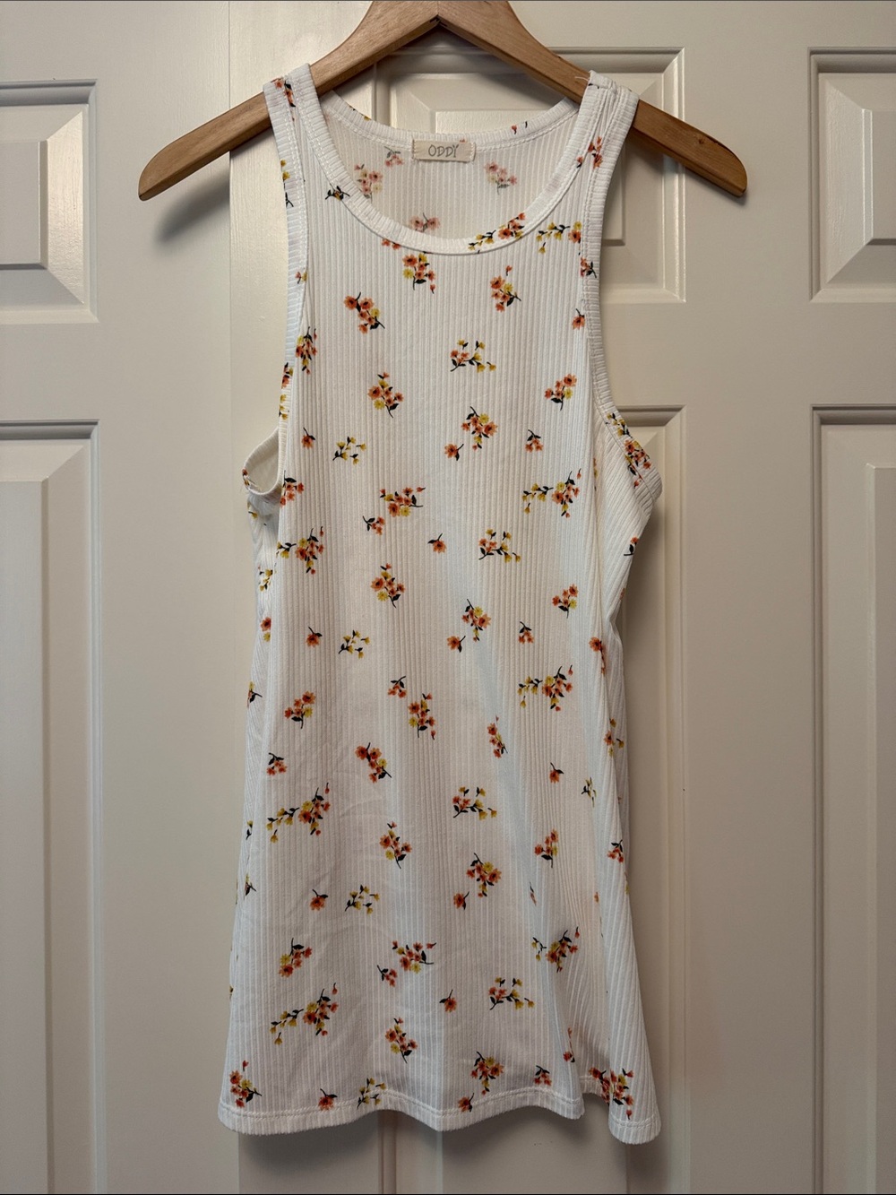 ODDY White Floral Ribbed Tank Top with Orange and Yellow Blooms